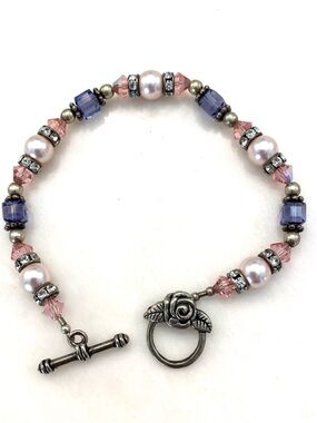 Vintage Faux Pink Pearl, Purple Crystal & Rhinestone Bracelet